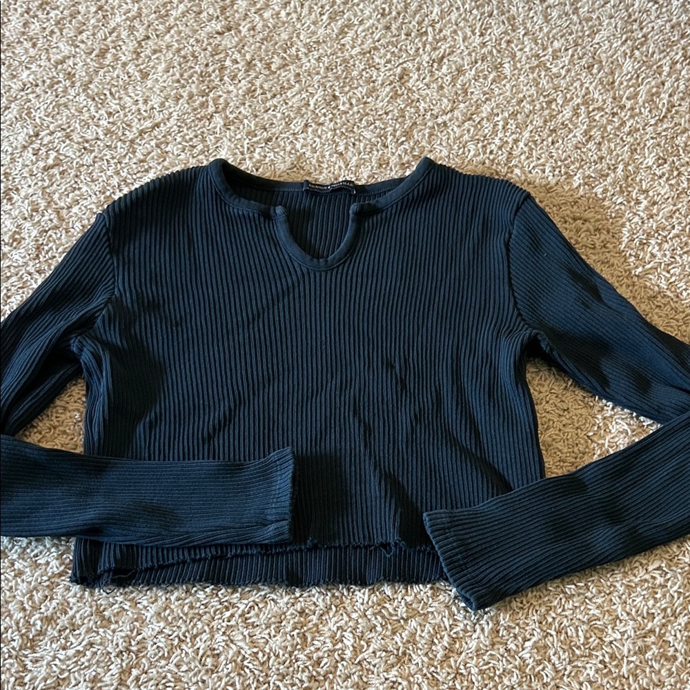 Women's Navy Ribbed Long Sleeve Top